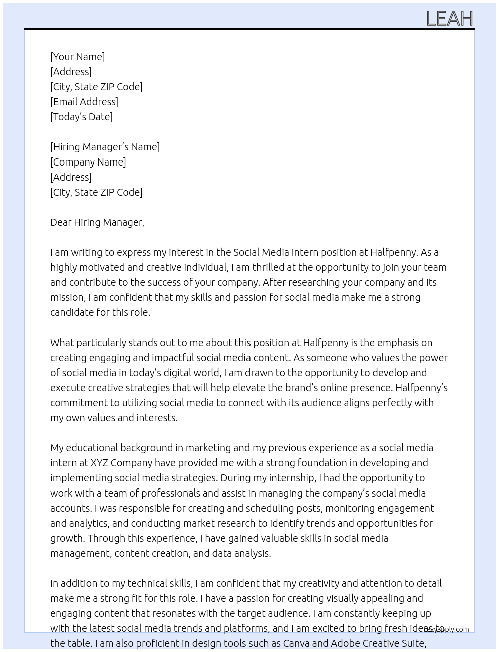 Social Media Intern At Halfpenny Cover Letter
