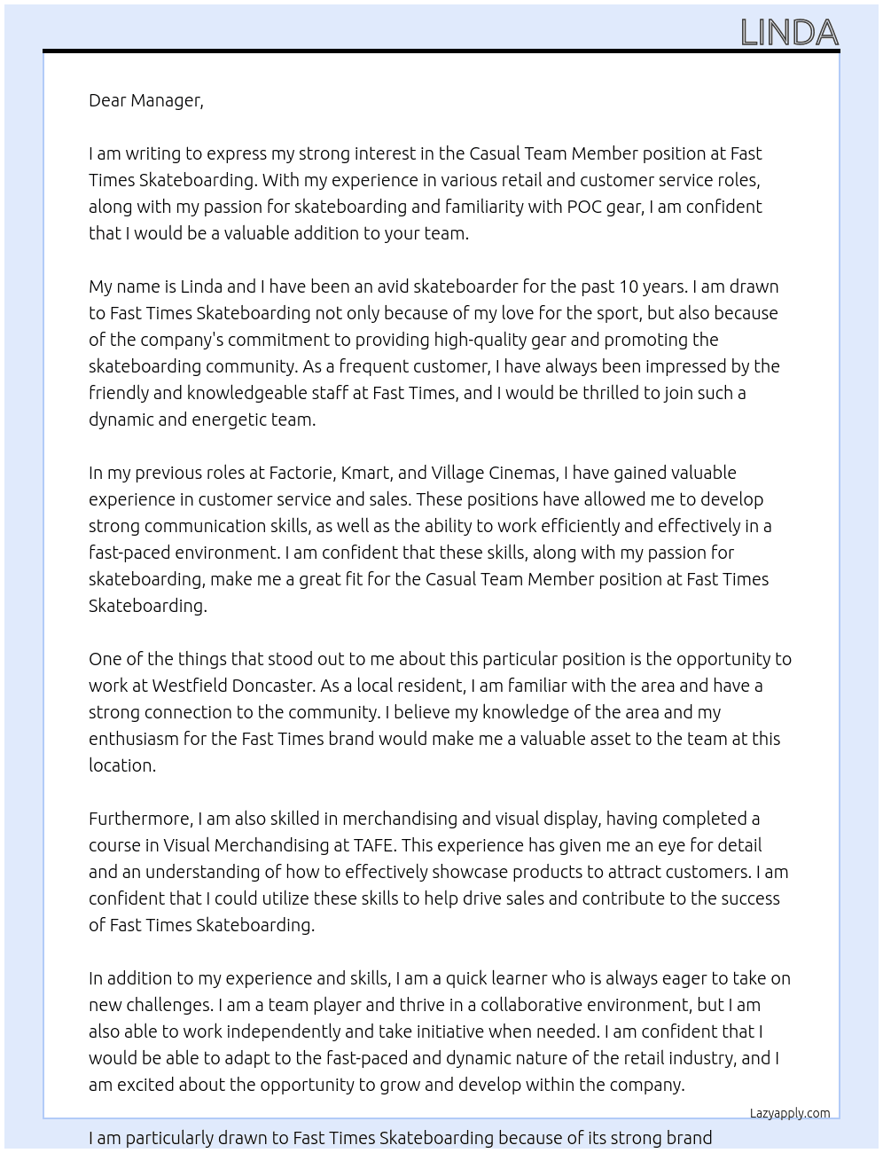 Casual Team Member At Fast Times Skateboarding Cover Letter