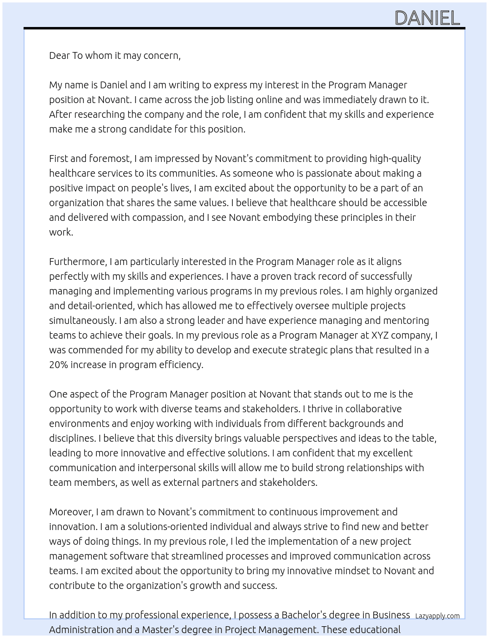 Program Manager At Novant Cover Letter