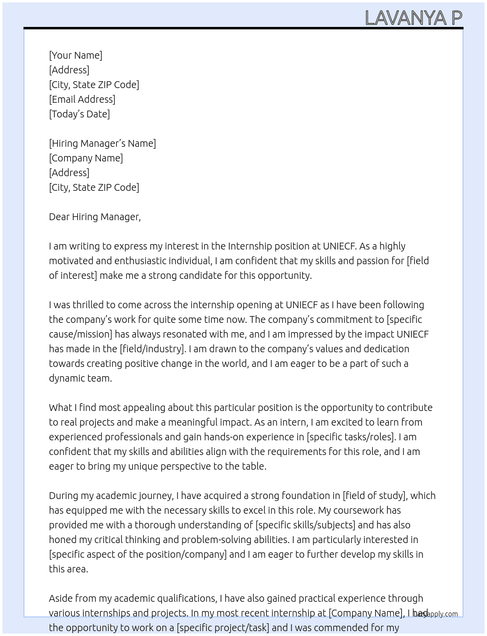 Internship At UNIECF  Cover Letter