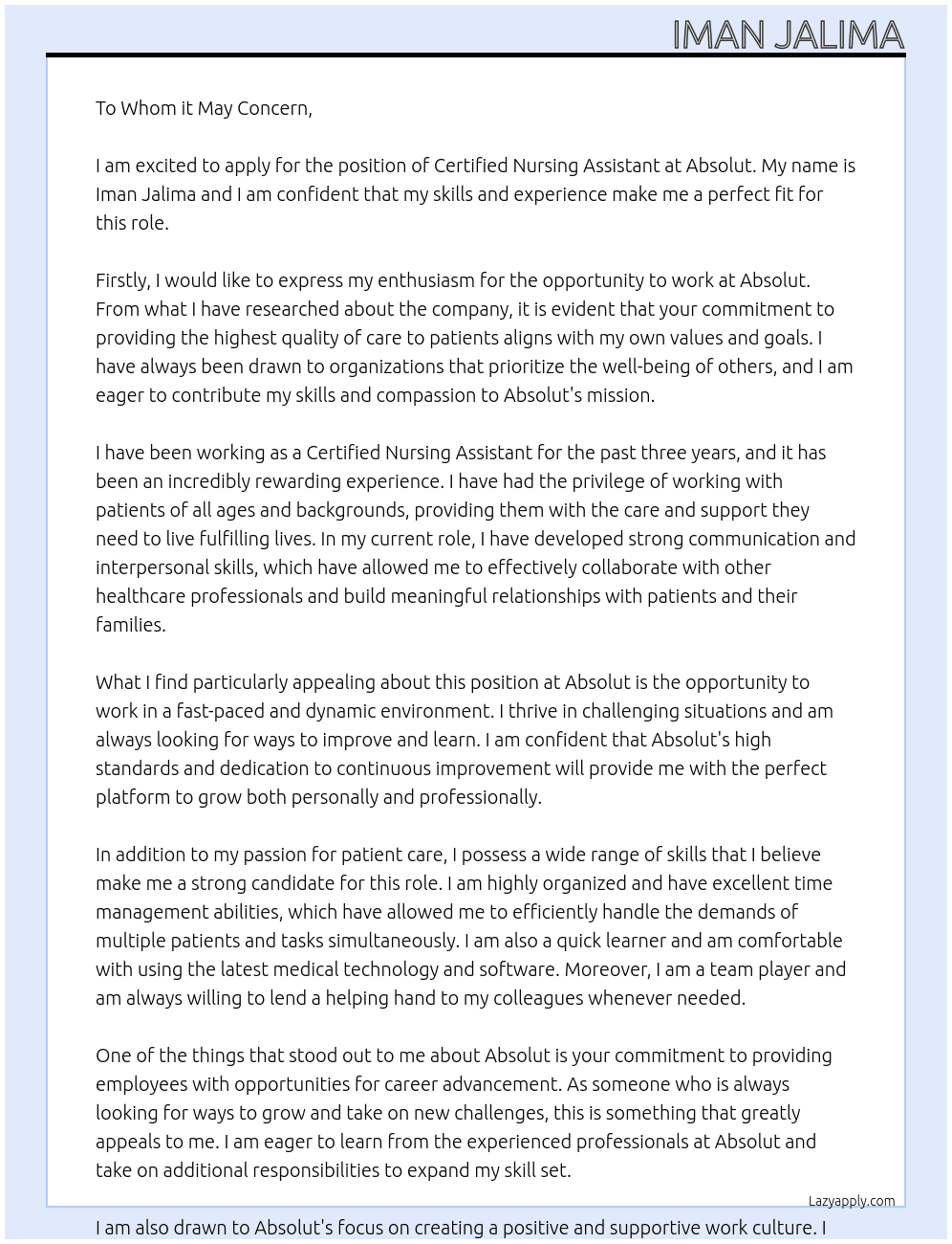 Certified nursing assistant At Absolut Cover Letter