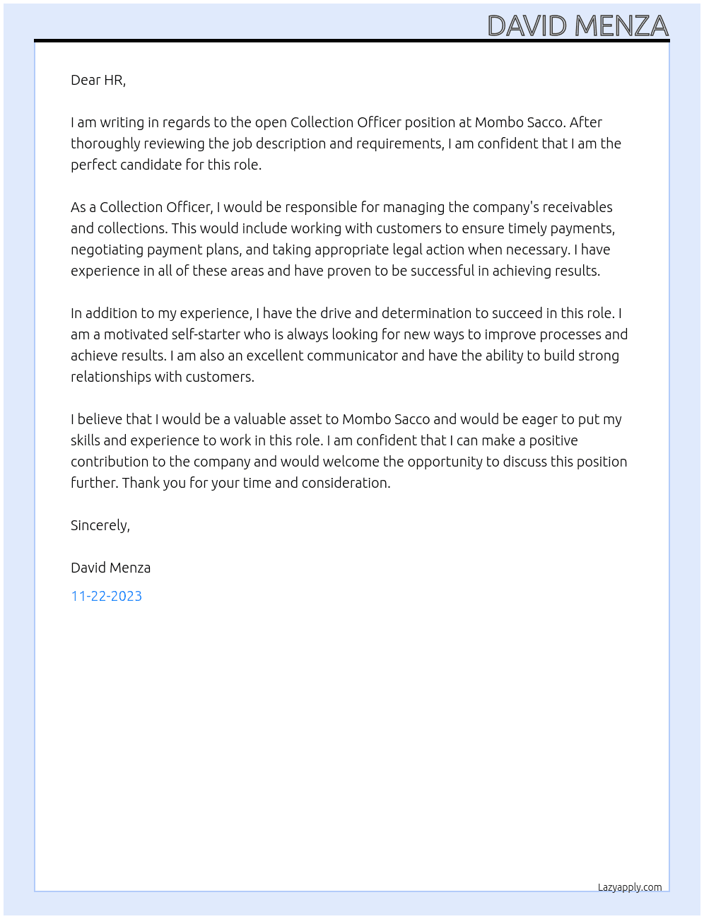collection officer At MOMBO SACCO Cover Letter