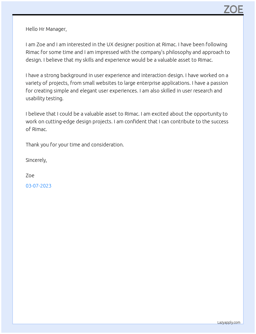 UX designer At Rimac Cover Letter
