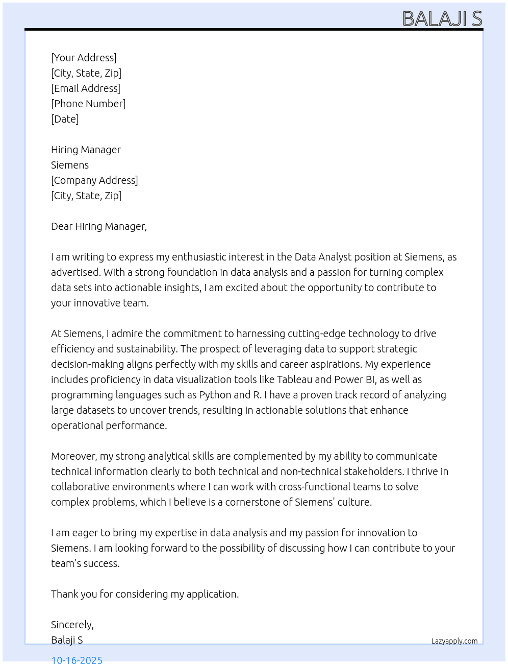 Data Analyst  At Siemans Cover Letter