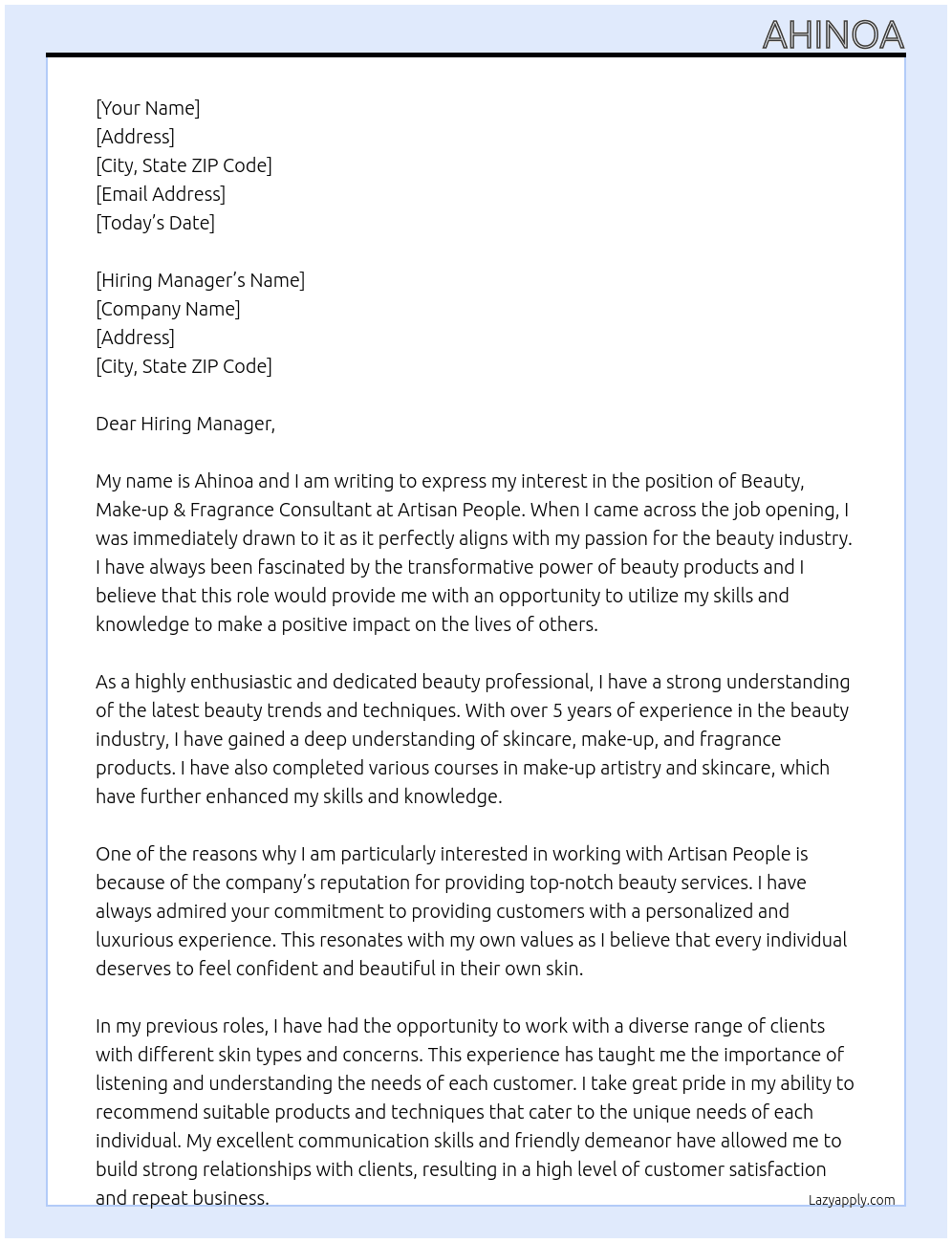 Beauty, Make-up & Fragrance Consultant  At Artisan People Cover Letter