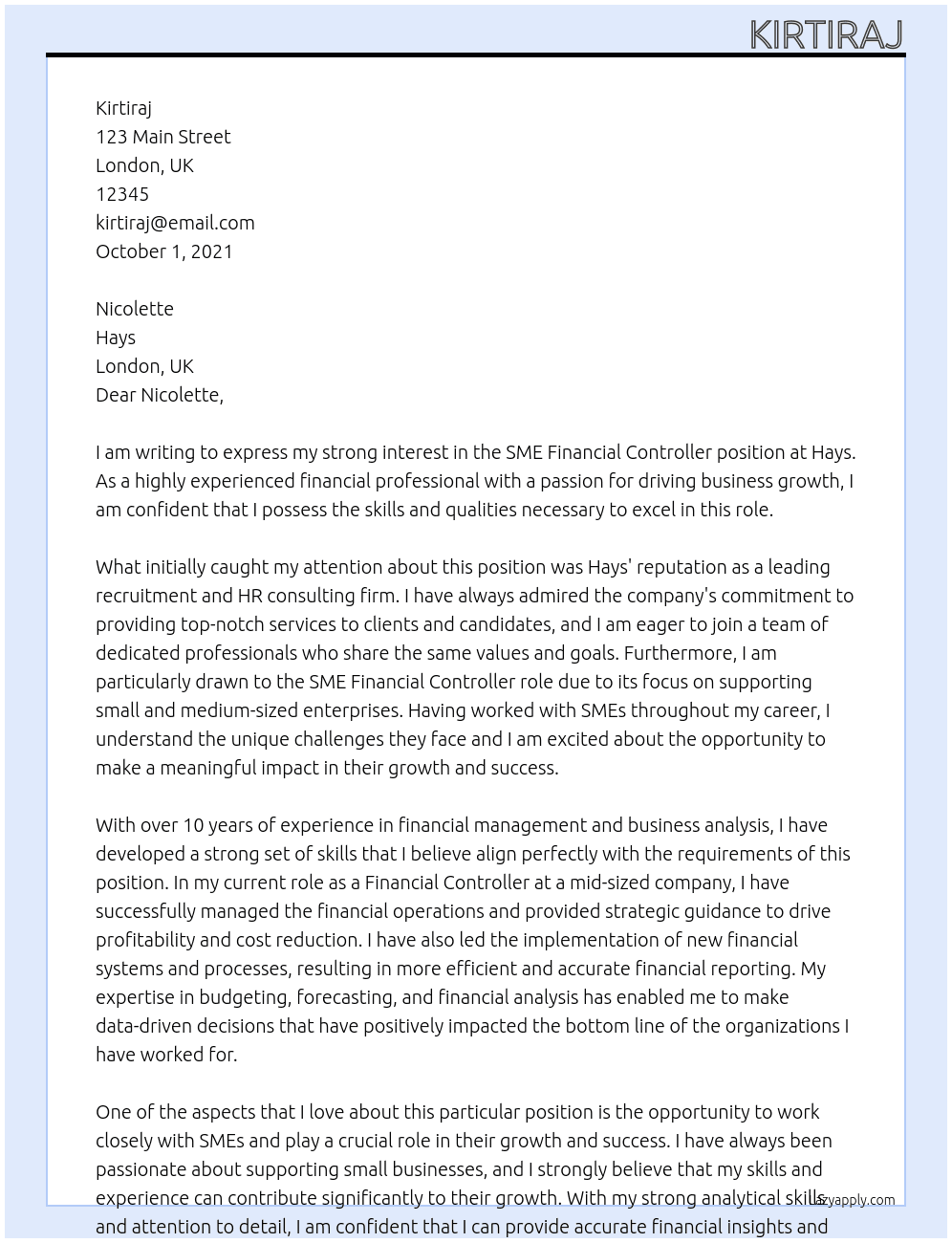 SME Financial Controller At Hays Cover Letter