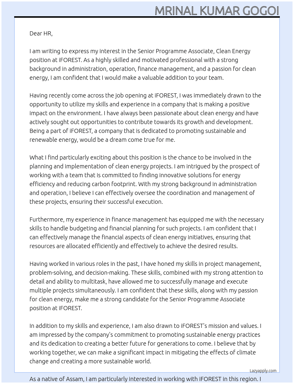 Senior Programme Associate, Clean Energy At iFOREST Cover Letter