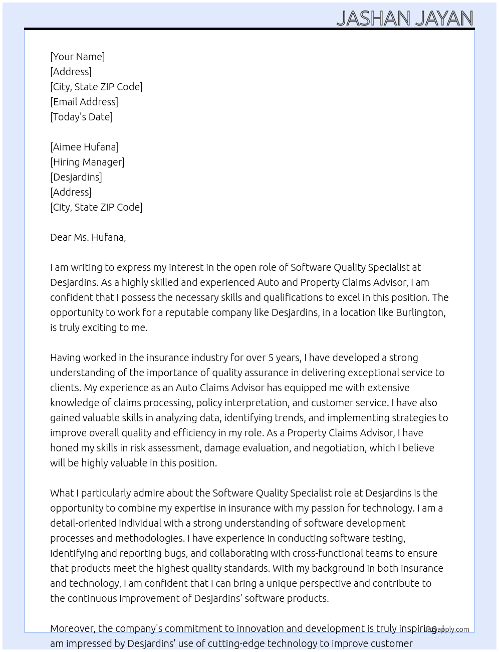 Software Quality Specialist  At Desjardins  Cover Letter