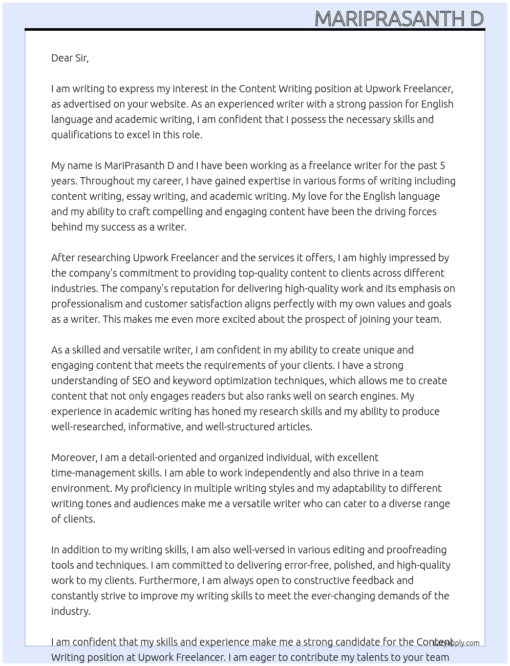 Content writting, writing, essay writing, English, academic writing  At Upwork freelancer  Cover Letter