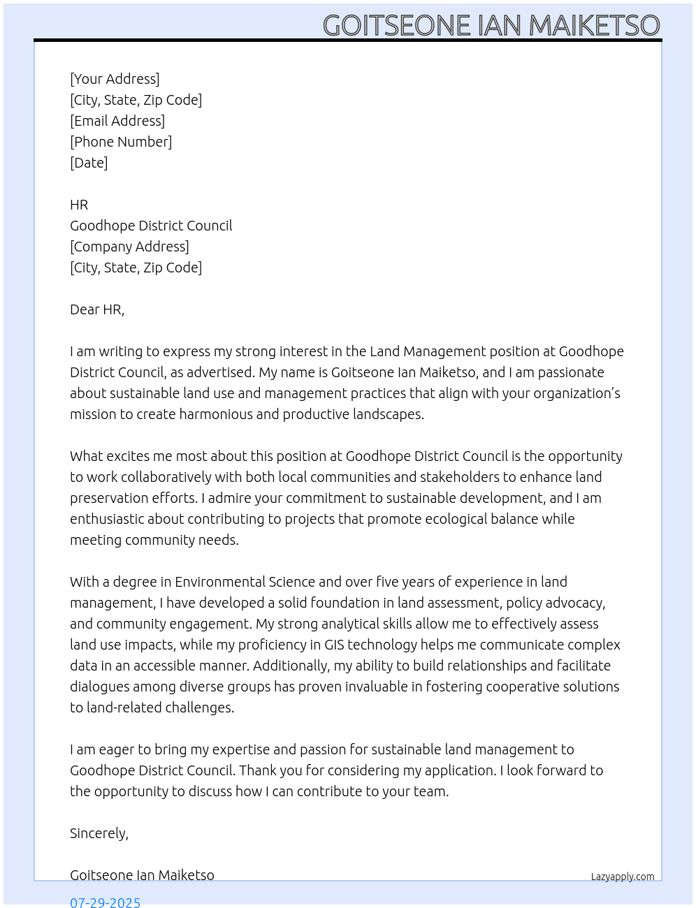land management At Goodhope district council Cover Letter