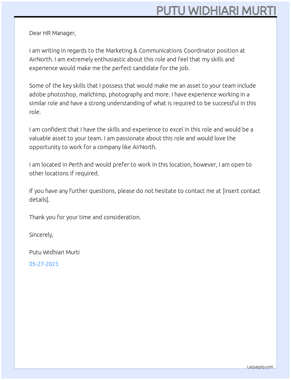 Marketing & Communications Coordinator At AirNorth Cover Letter