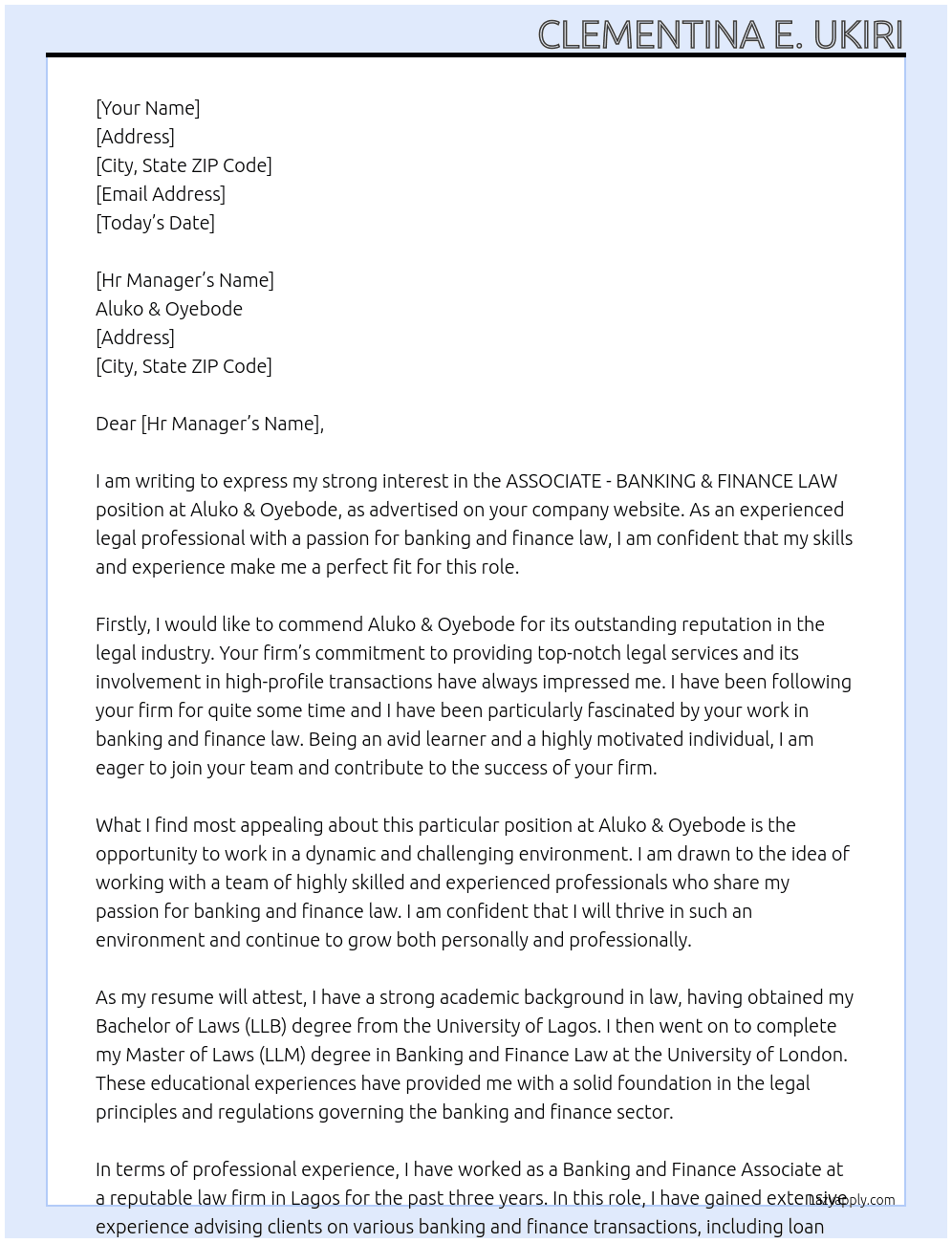 ASSOCIATE - BANKING & FINANCE LAW At Aluko & Oyebode Cover Letter