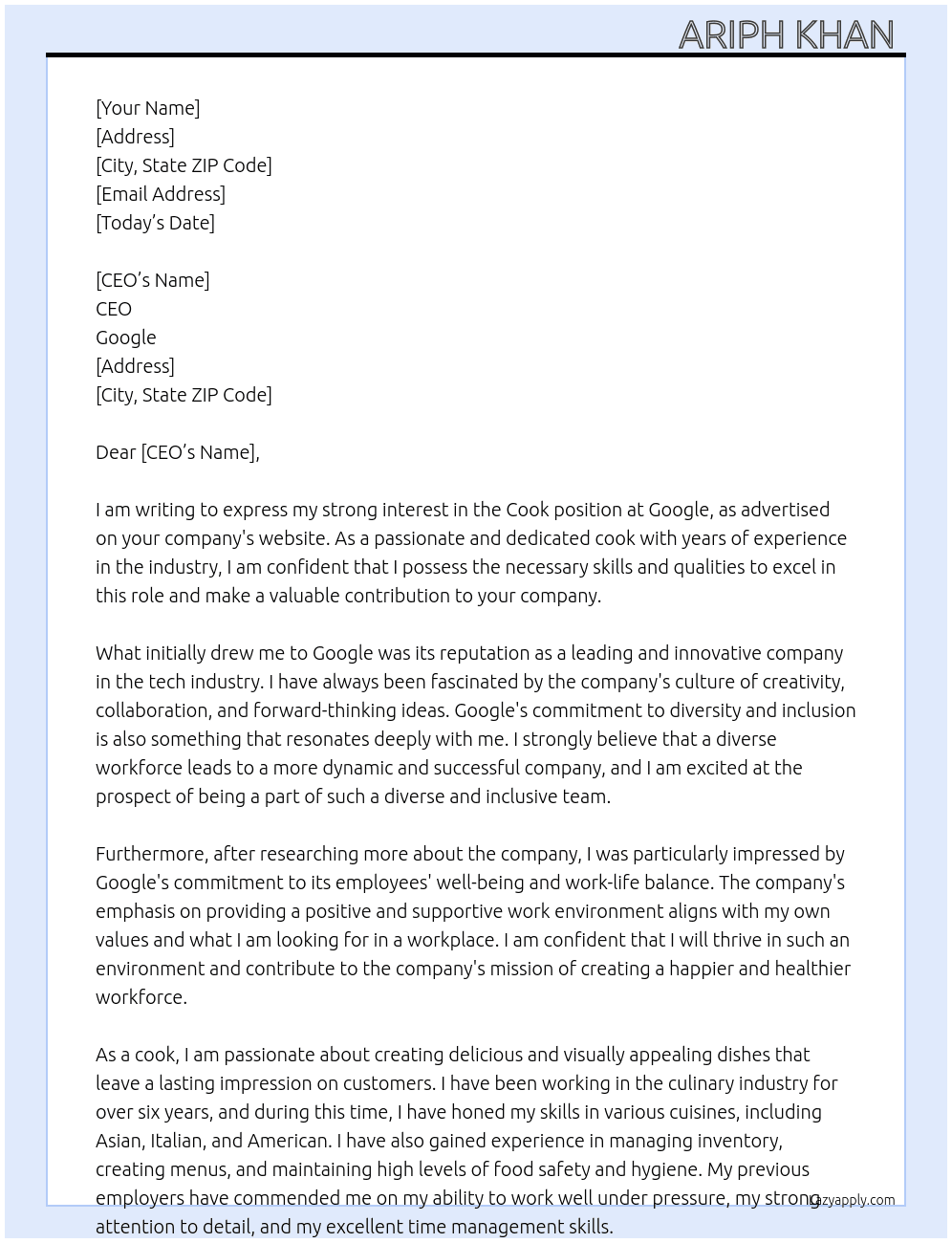 Cook  At Google  Cover Letter