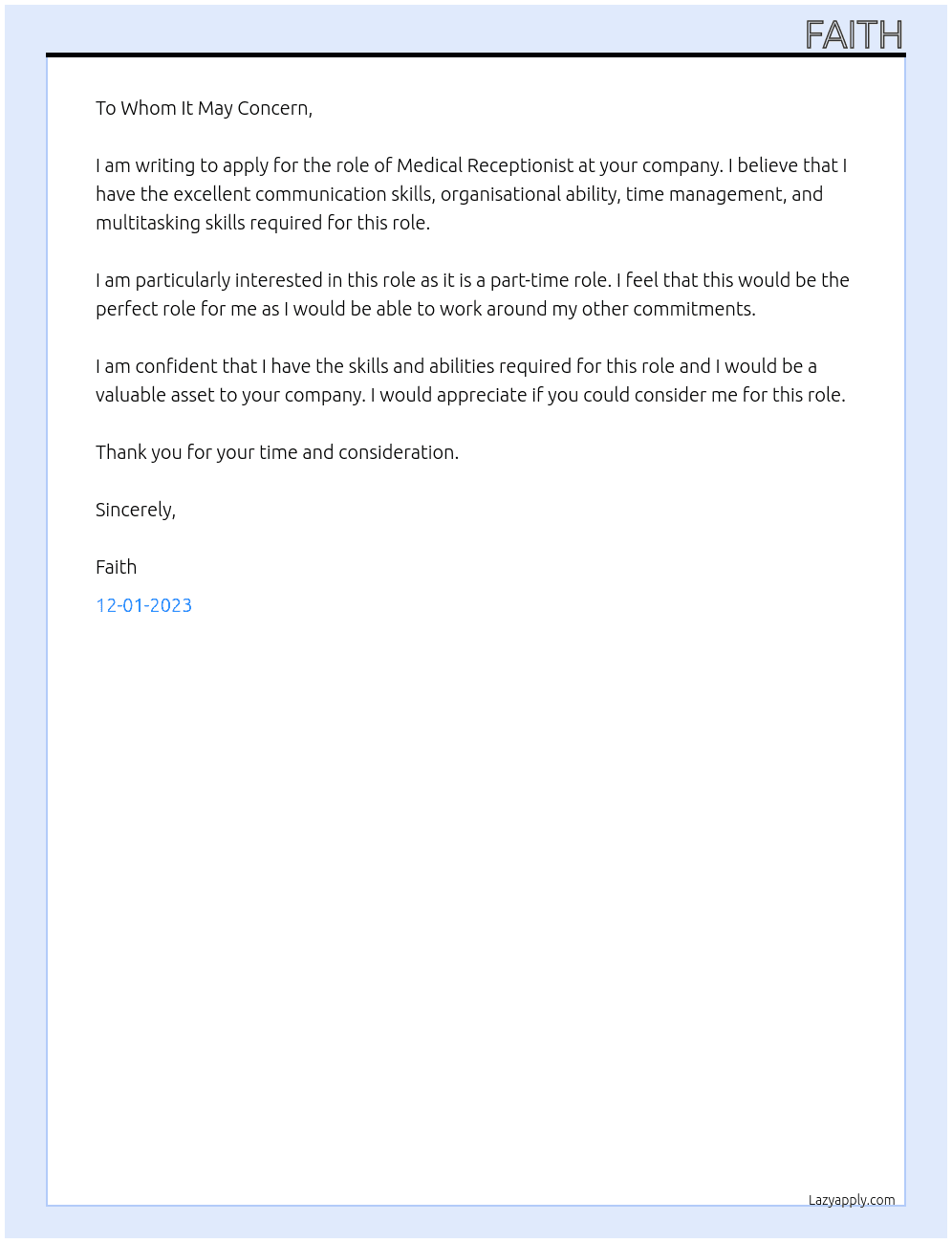 Medical Receptionist At your company Cover Letter