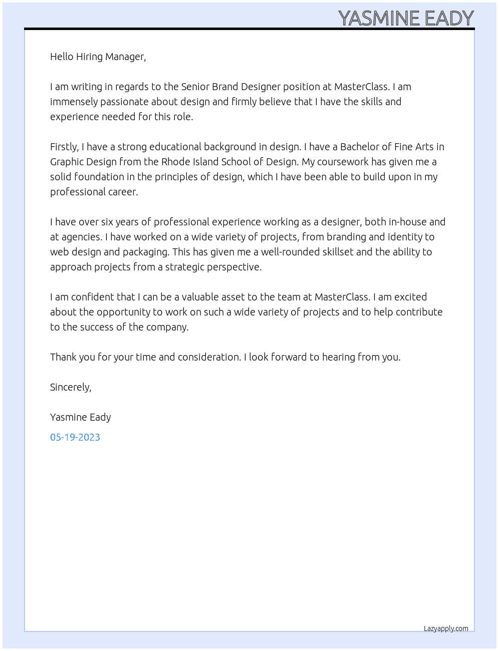 Senior Brand Designer At MasterClass Cover Letter