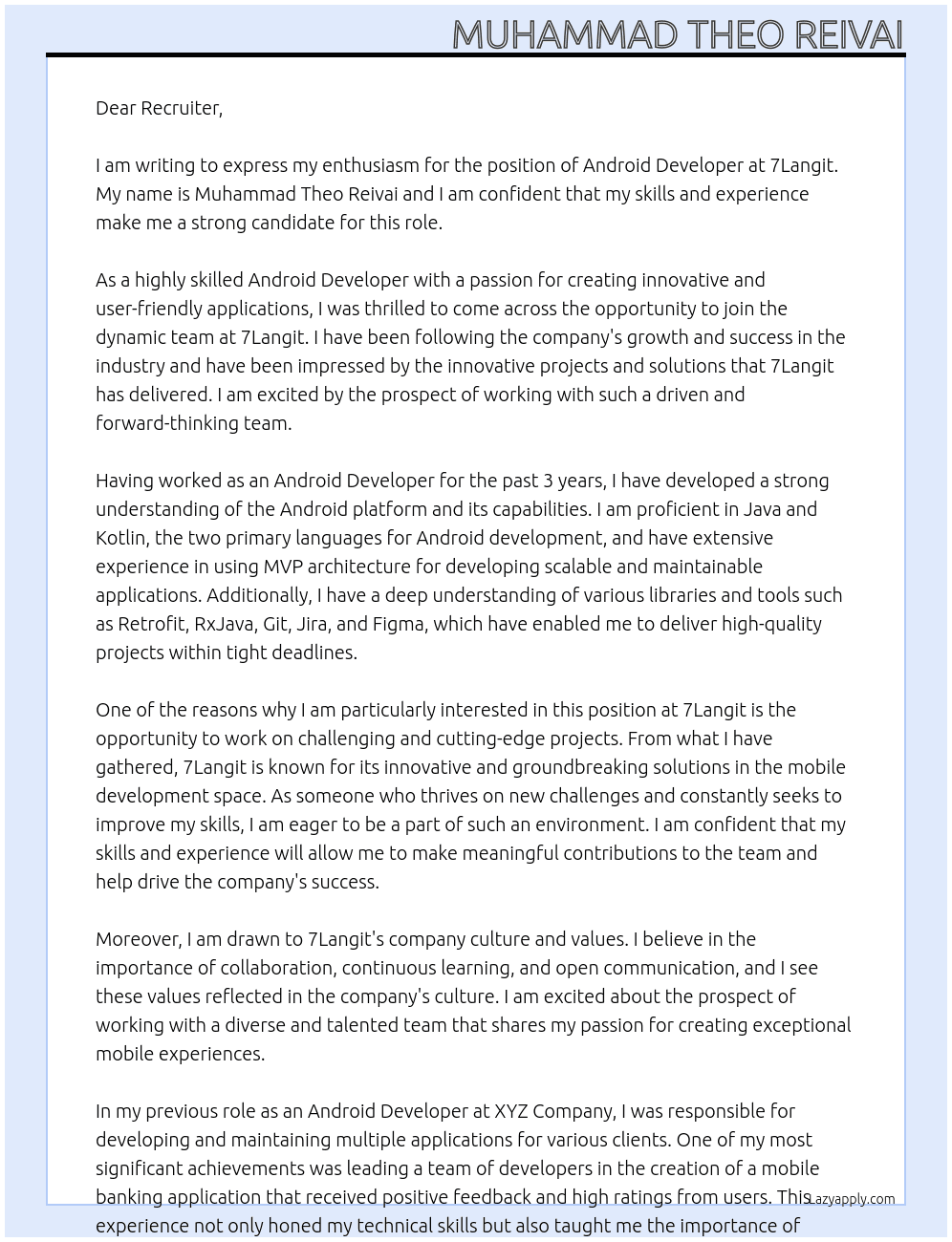 Android Developer At 7Langit Cover Letter