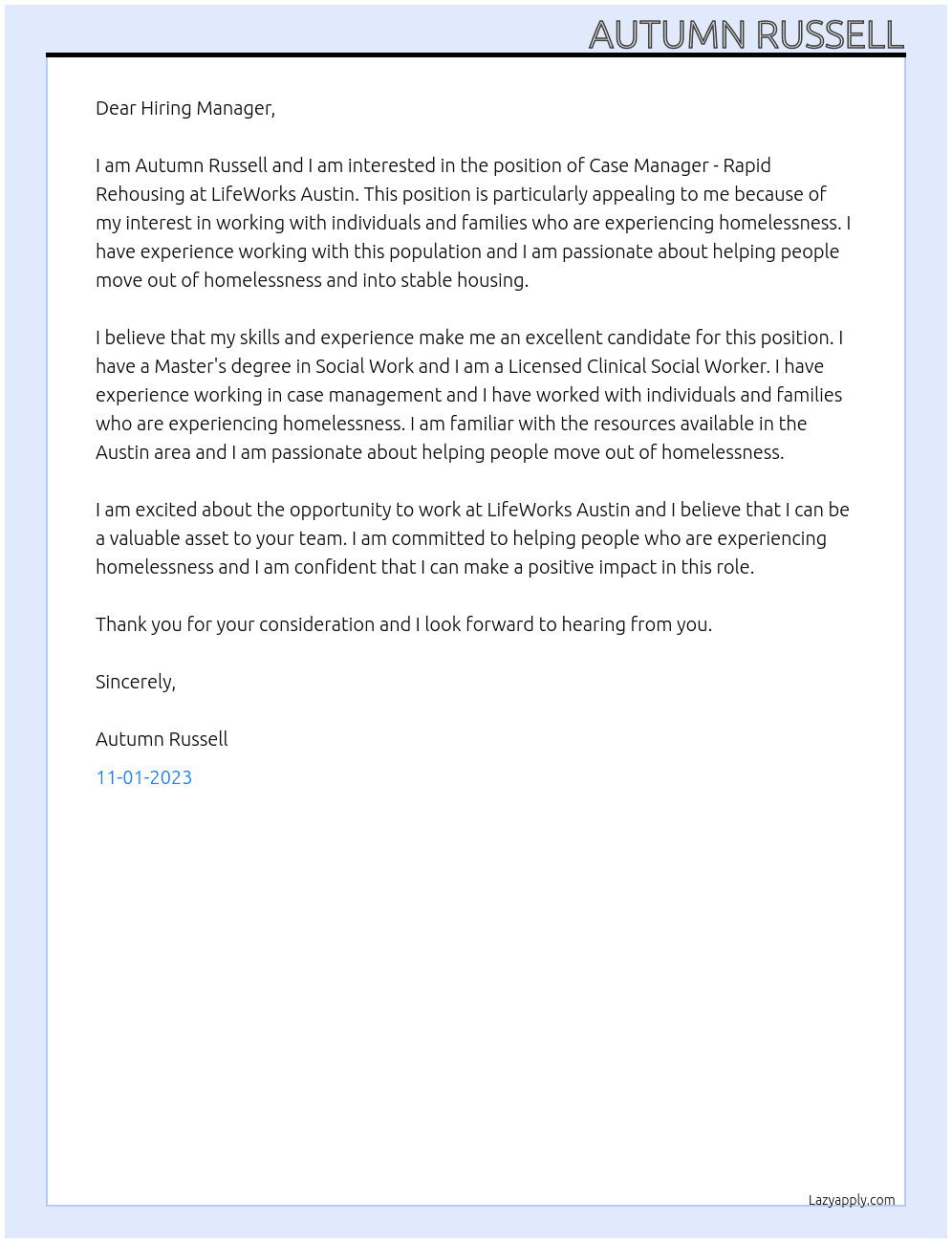  Case Manager - Rapid Rehousing At LifeWorks Austin Cover Letter