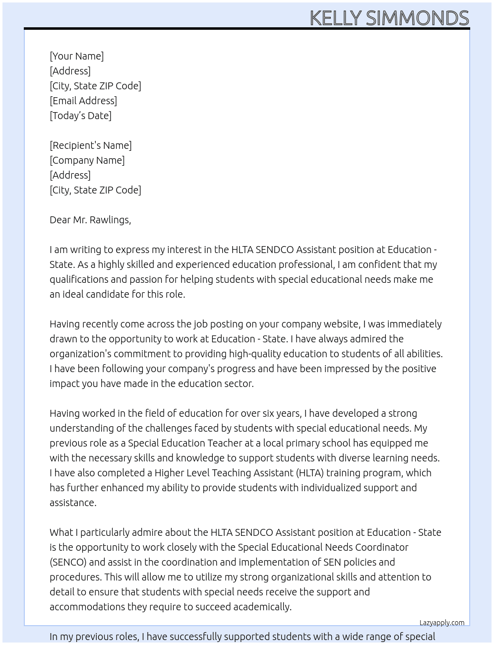 HLTA SENDCO Assistant At Education - State Cover Letter