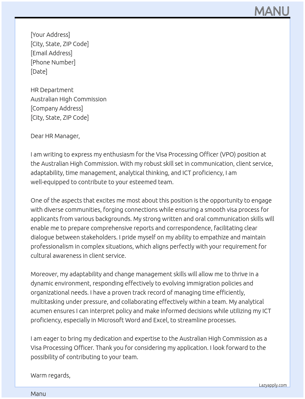Visa Processing Officer (VPO) At Australian High Commission Cover Letter