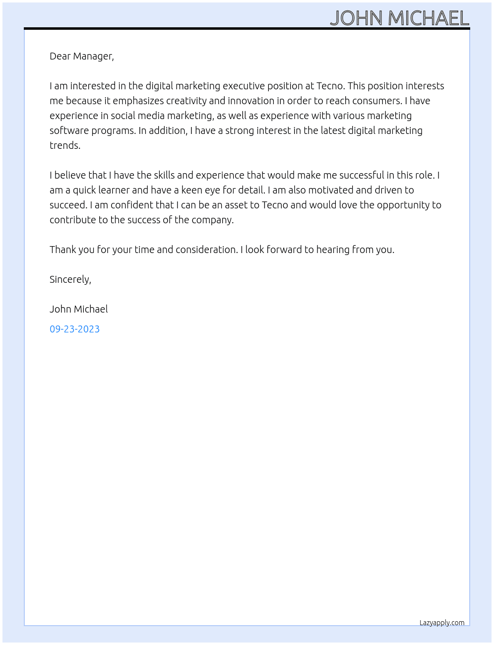 digital marketing executive At tecno Cover Letter