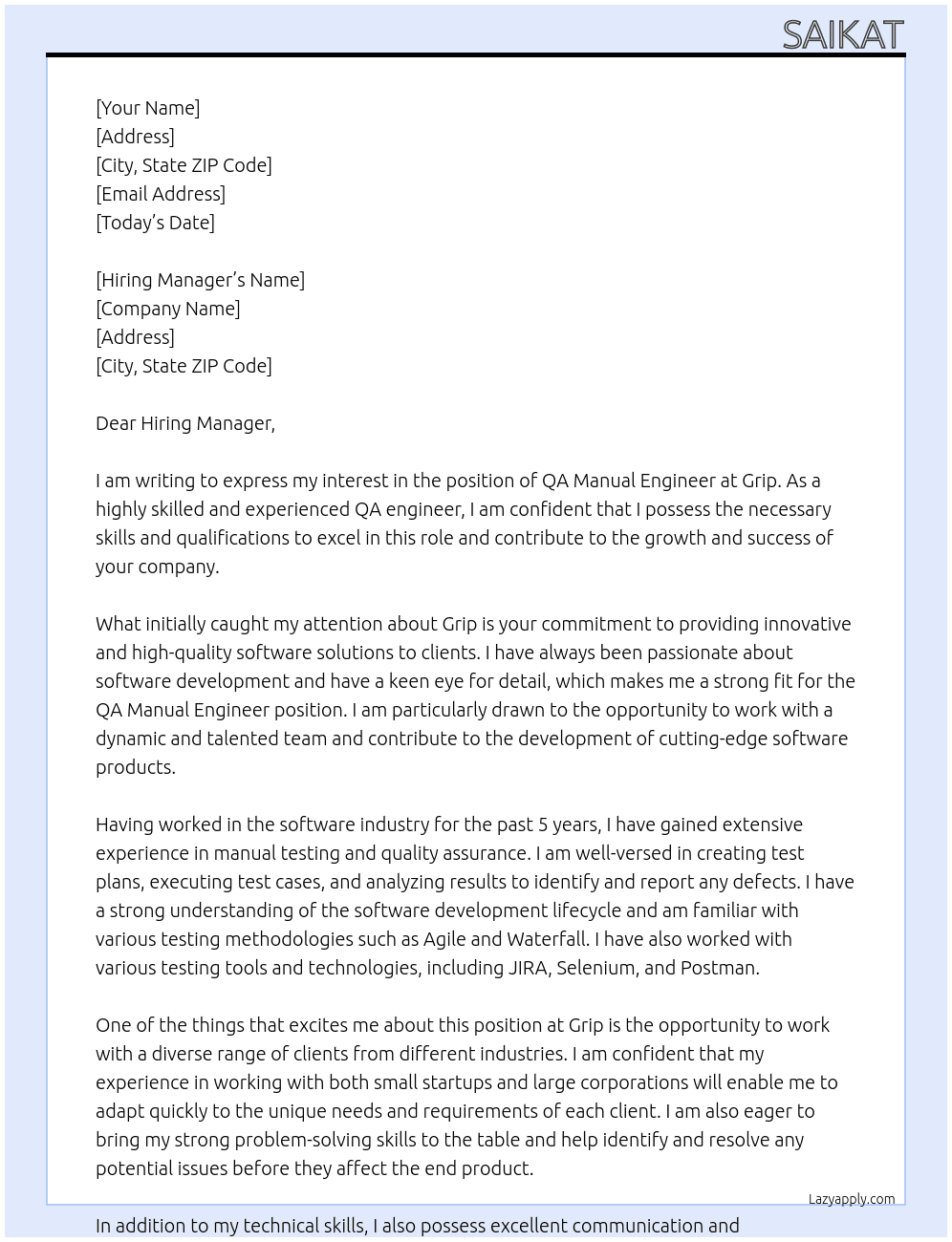 QA Manual Engineer At Grip Cover Letter