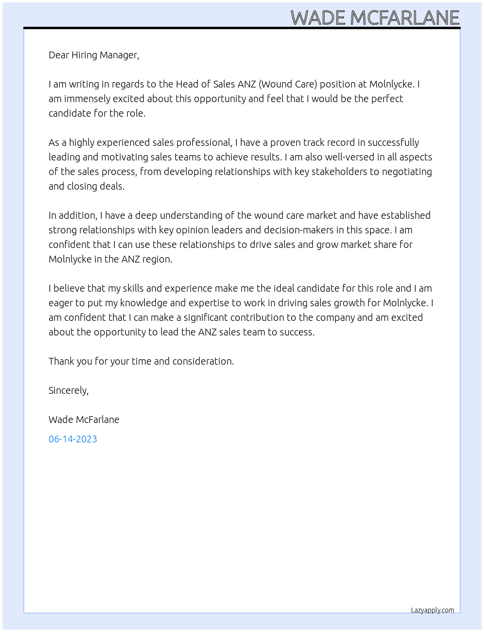 Head of Sales ANZ (Wound Care) At Molnlycke Cover Letter