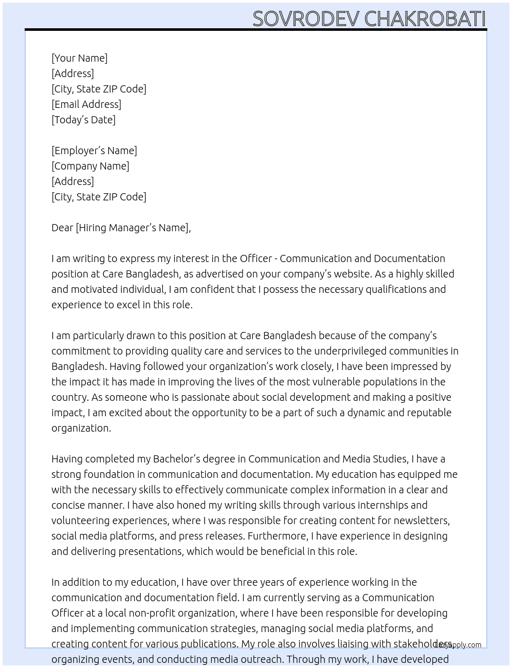 Cover letter for officer - communication and documentation - LazyApply