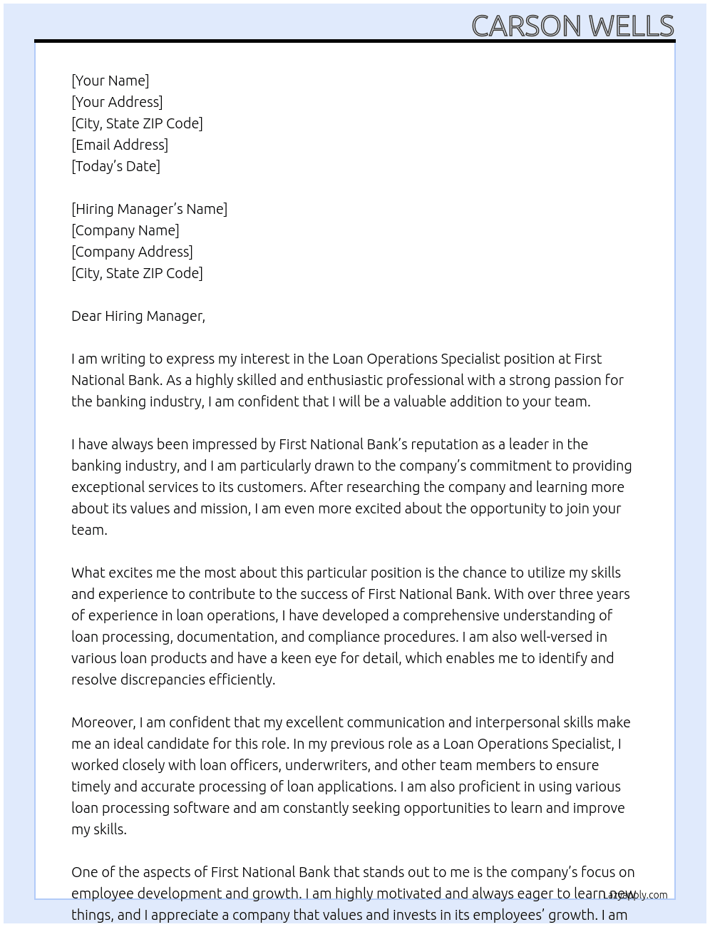 Loan Operations Specialist At First National Bank Cover Letter