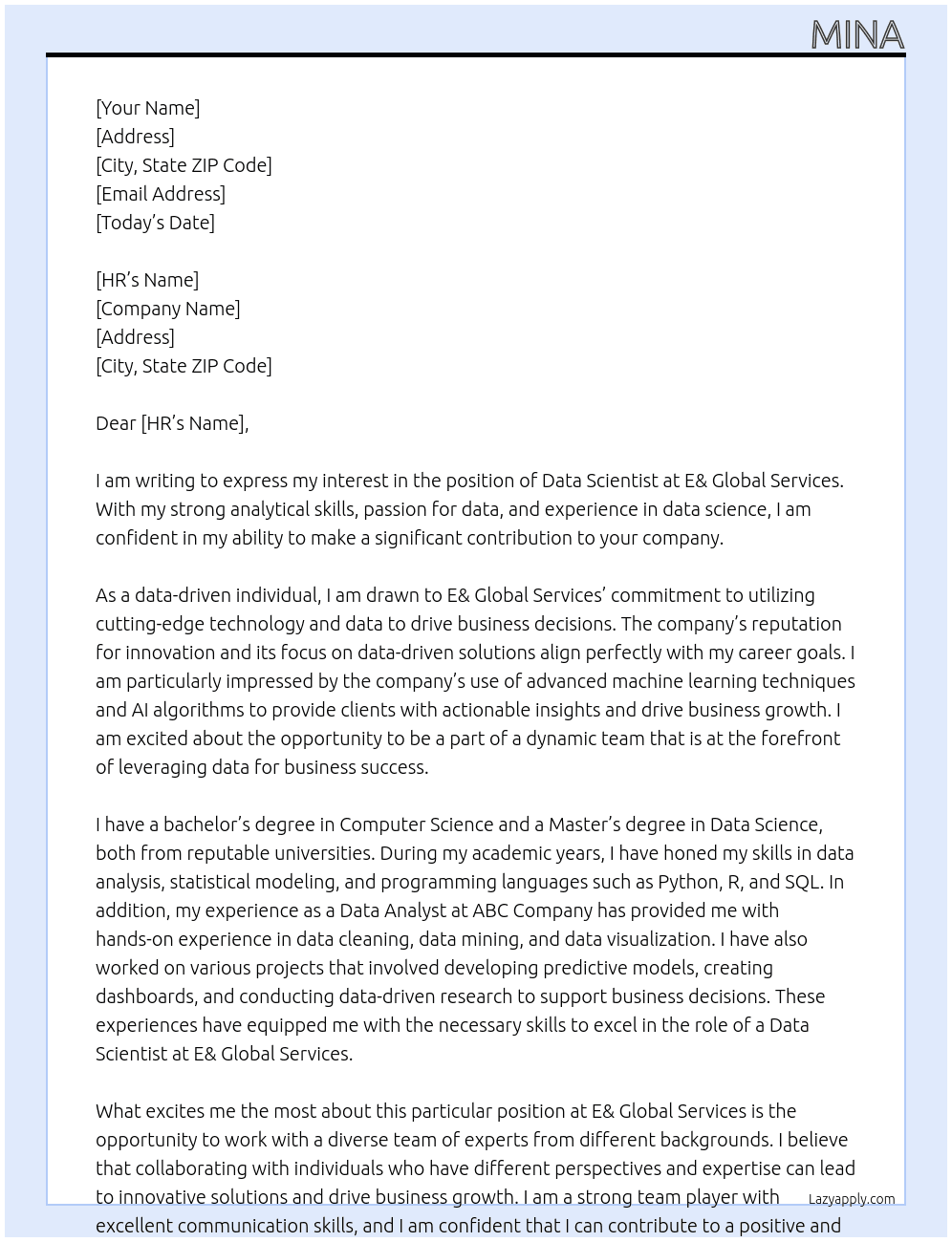 data scientist At e& global services Cover Letter