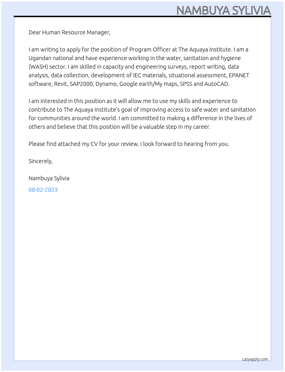 Program Officer At The Aquaya Institute Cover Letter