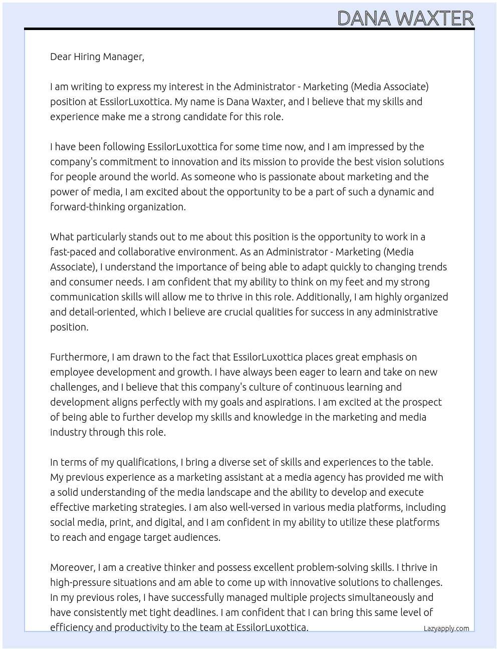Administrator - Marketing (Media Associate) At EssilorLuxottica Cover Letter