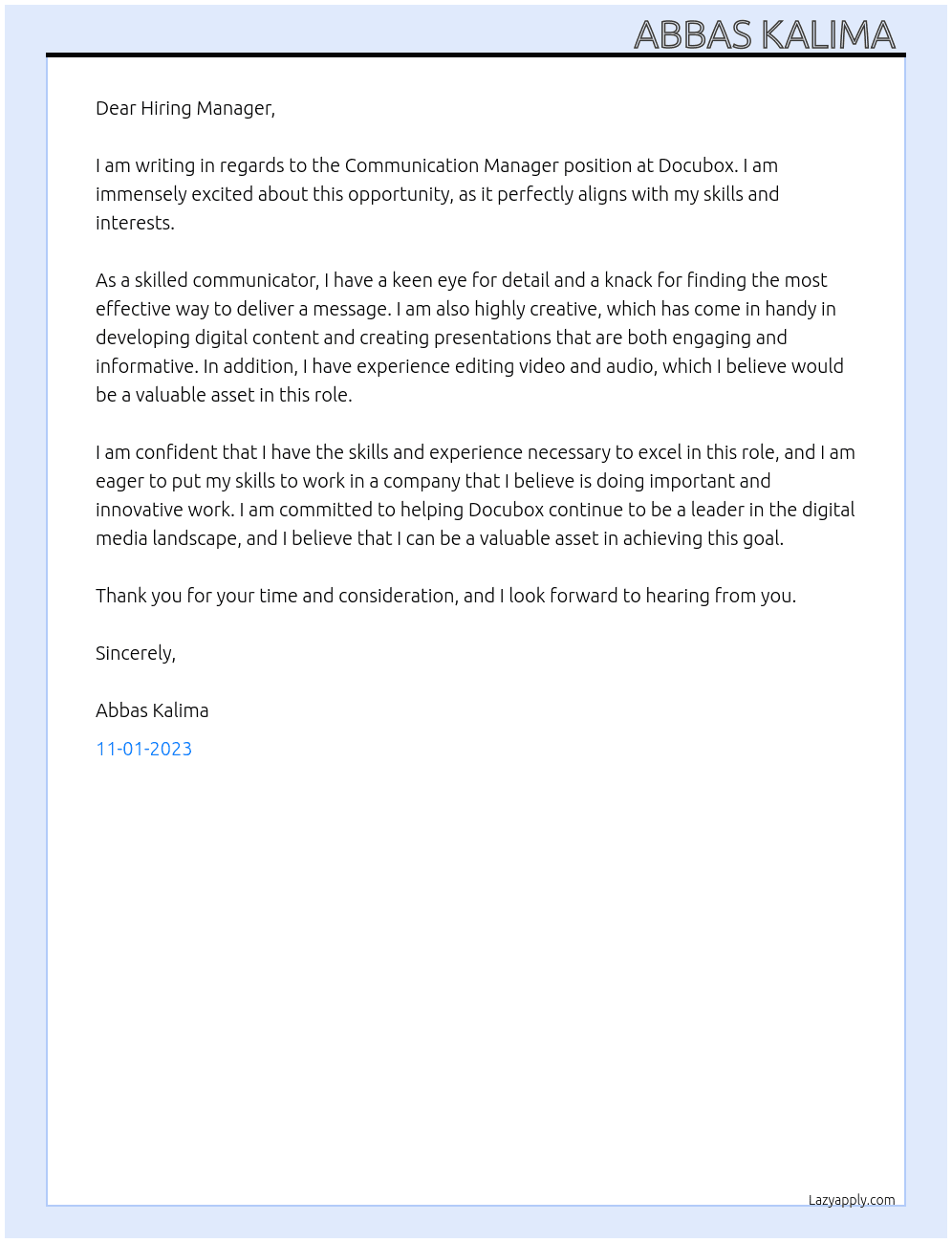Communication Manager At Docubox Cover Letter