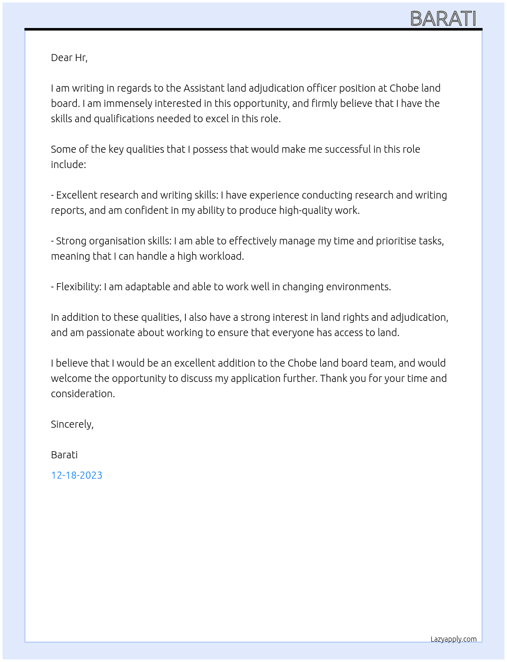 Assistant land adjudication officer  At Chobe land board  Cover Letter