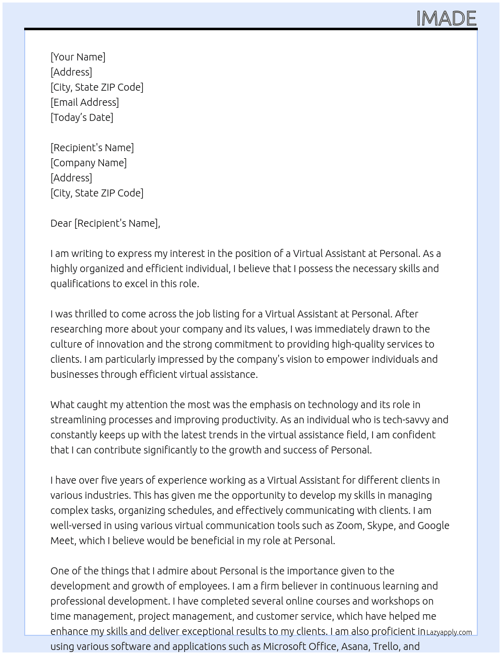 virtual assistant At Personal Cover Letter