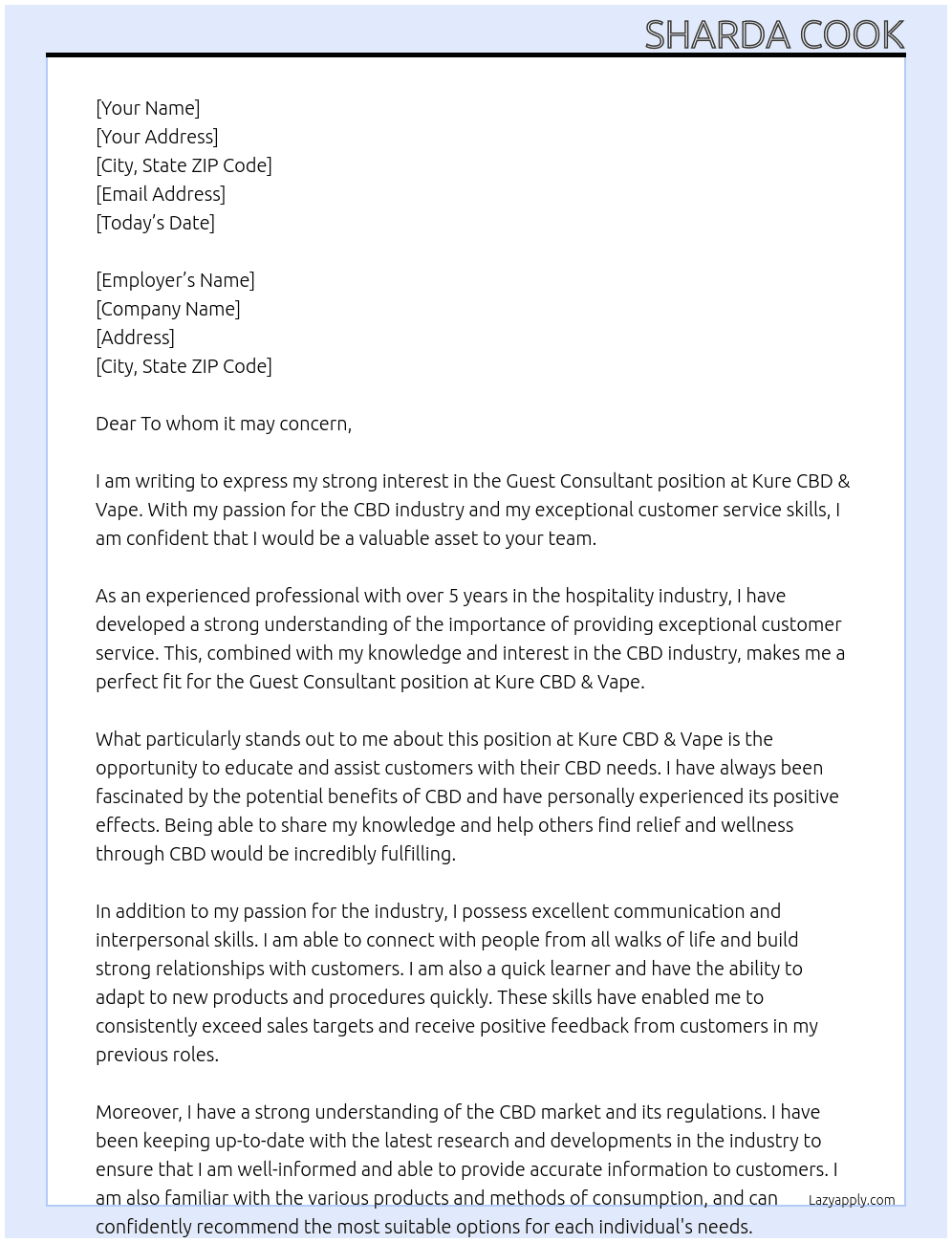 Guest Consultant At Kure CBD & Vape Cover Letter