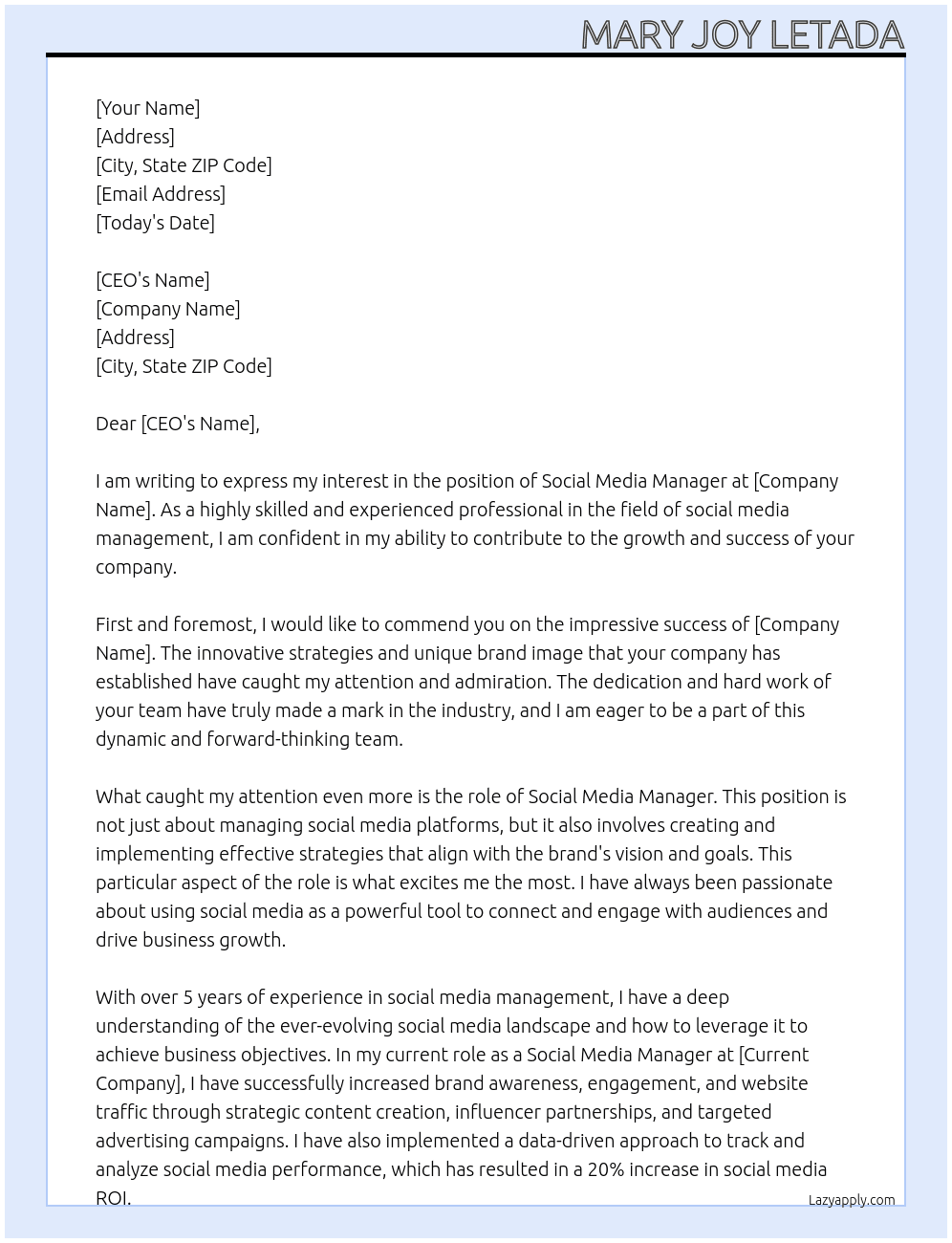 SOCIAL MEDIA MANAGER At bUSINESS OWNERS Cover Letter