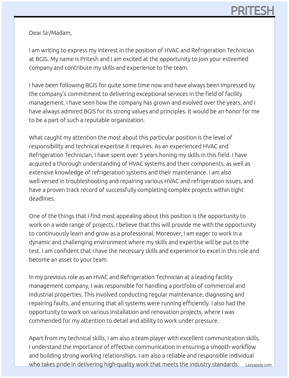 HVAC And Refrigeration Technician At BGIS Cover Letter