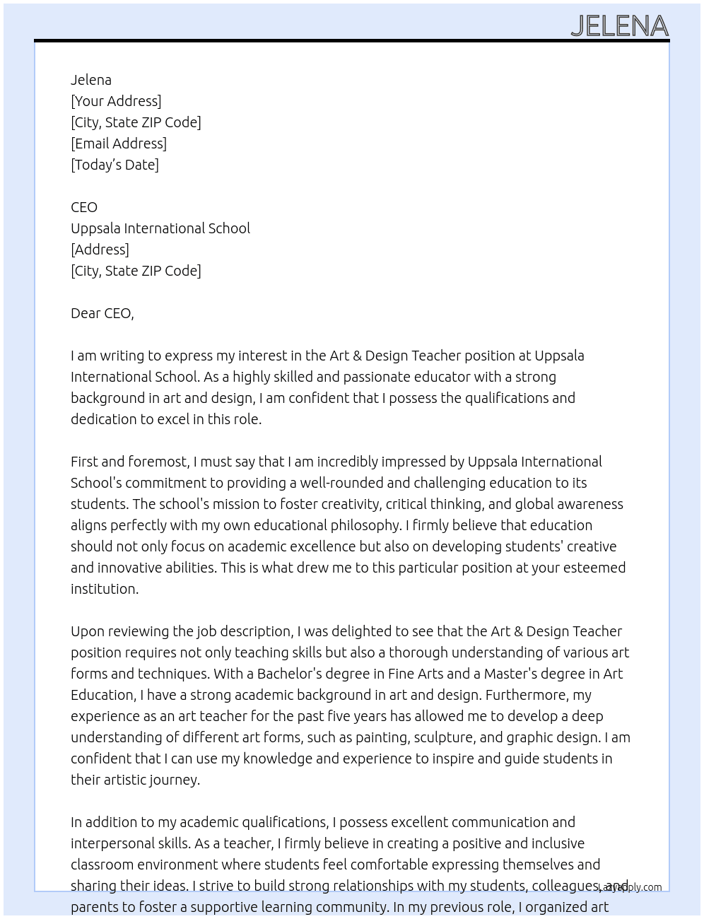 Art & Design Teacher At Uppsala International School Cover Letter