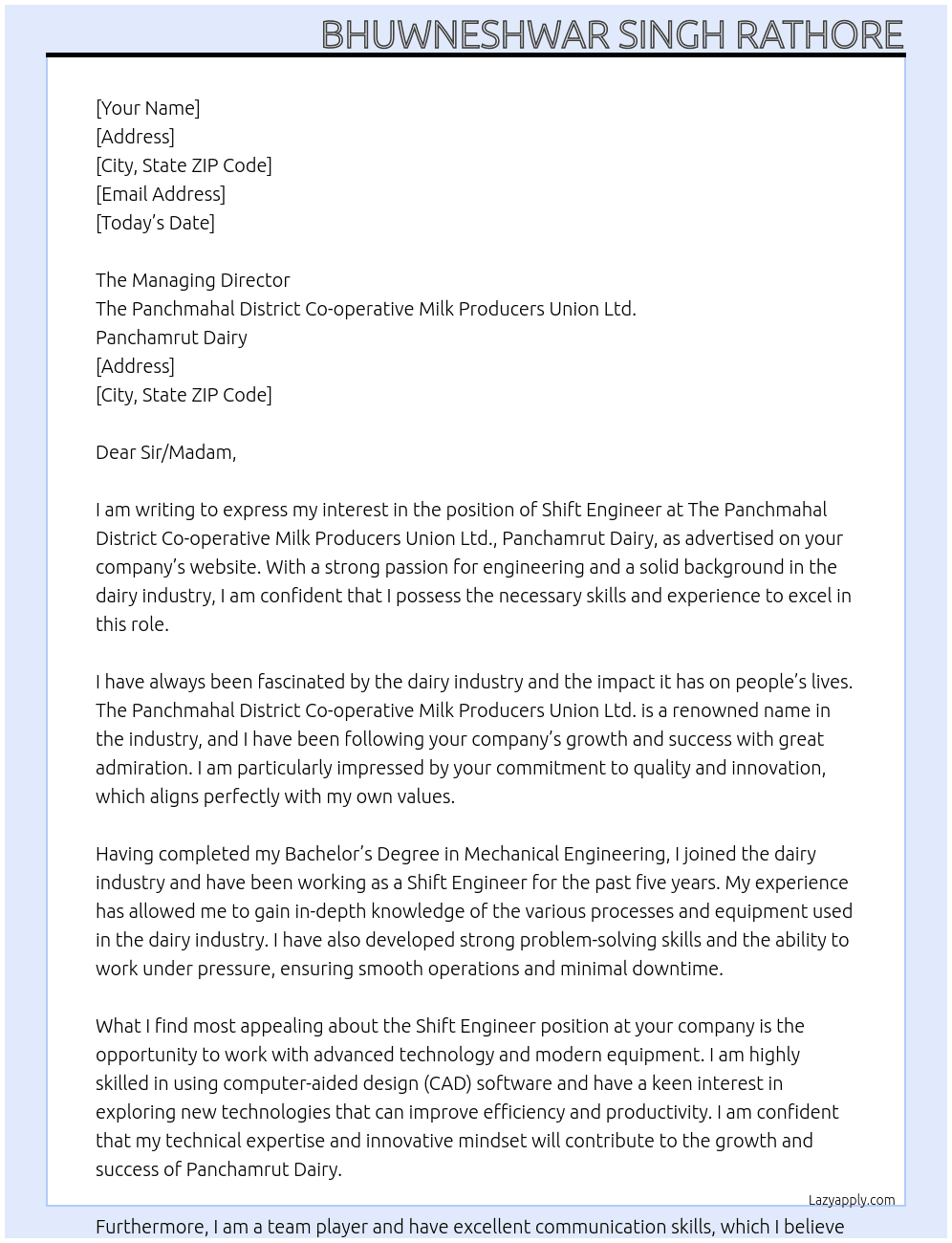 Shift Engineer At The Panchmahal District Co-operative Milk Producers Union Ltd, Panchamrut Dairy, Cover Letter