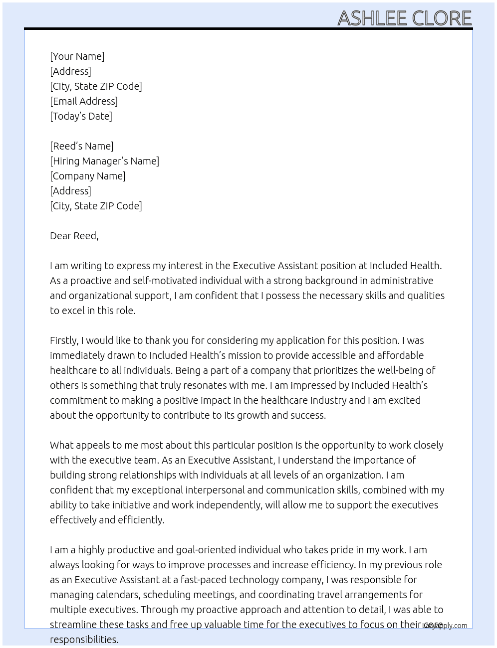 Executive Assistant At Included Health Cover Letter