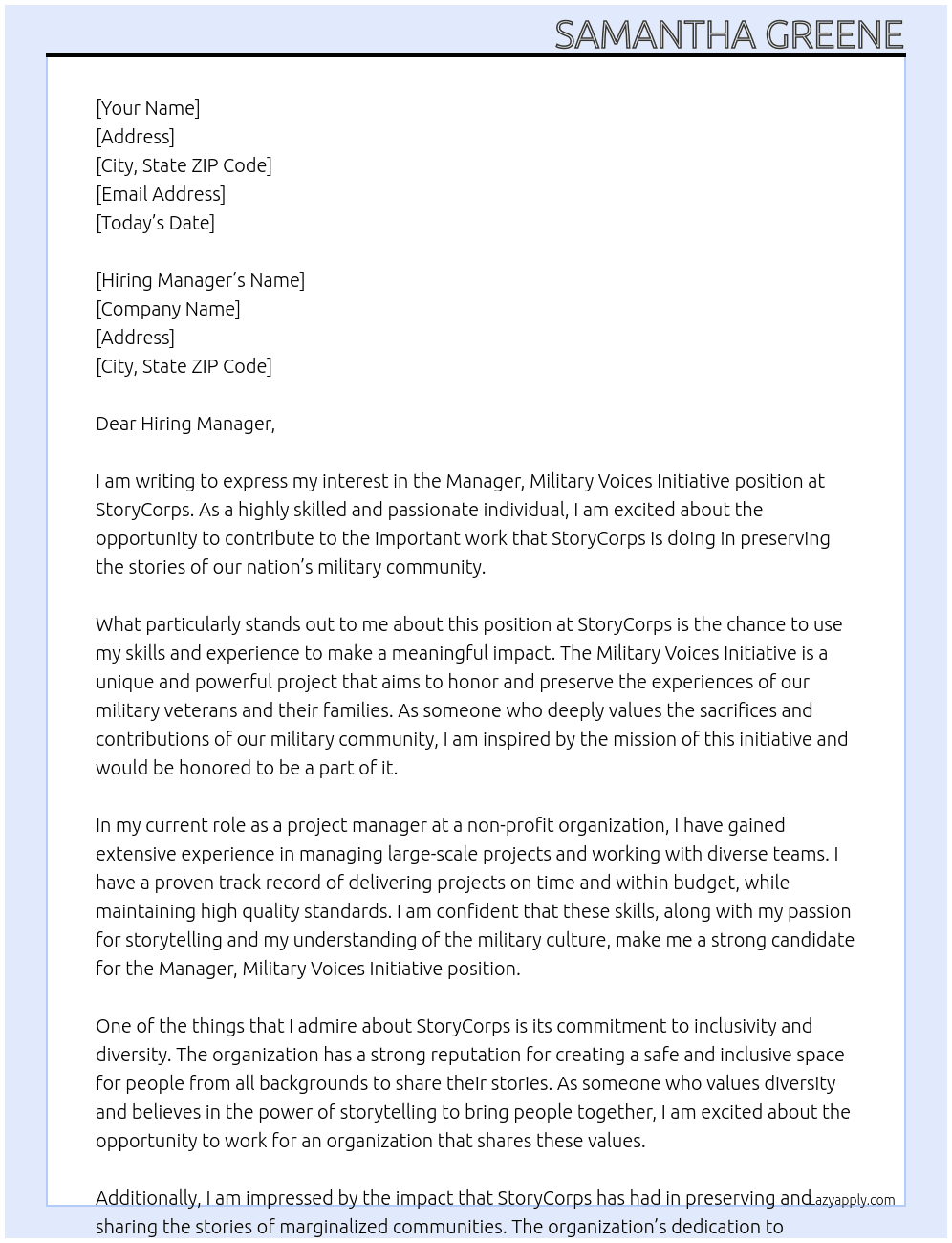 Manager, Military Voices Initiative At StoryCorps Cover Letter