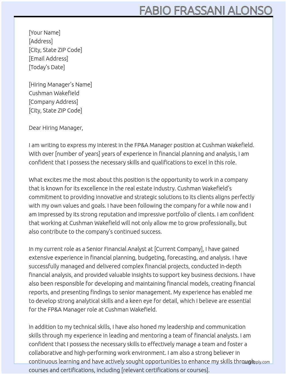 FP&A Manager At Cushman Wakefield Cover Letter