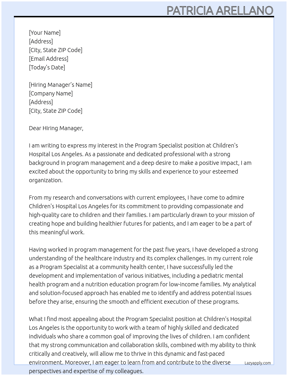 Program Specialist  At Children's Hospital Los Angeles  Cover Letter