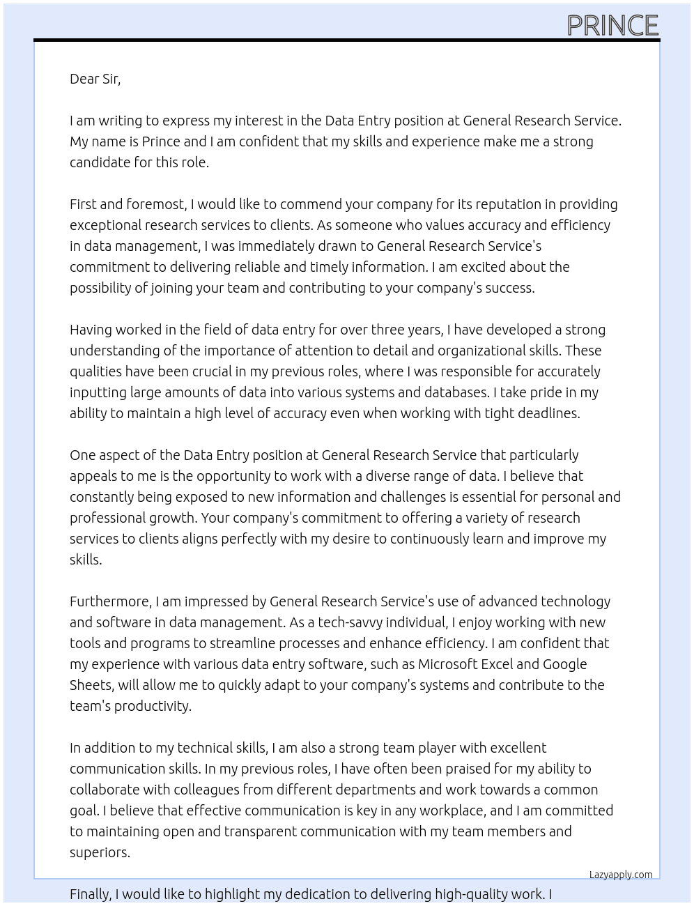 data entry At General Research Service Cover Letter