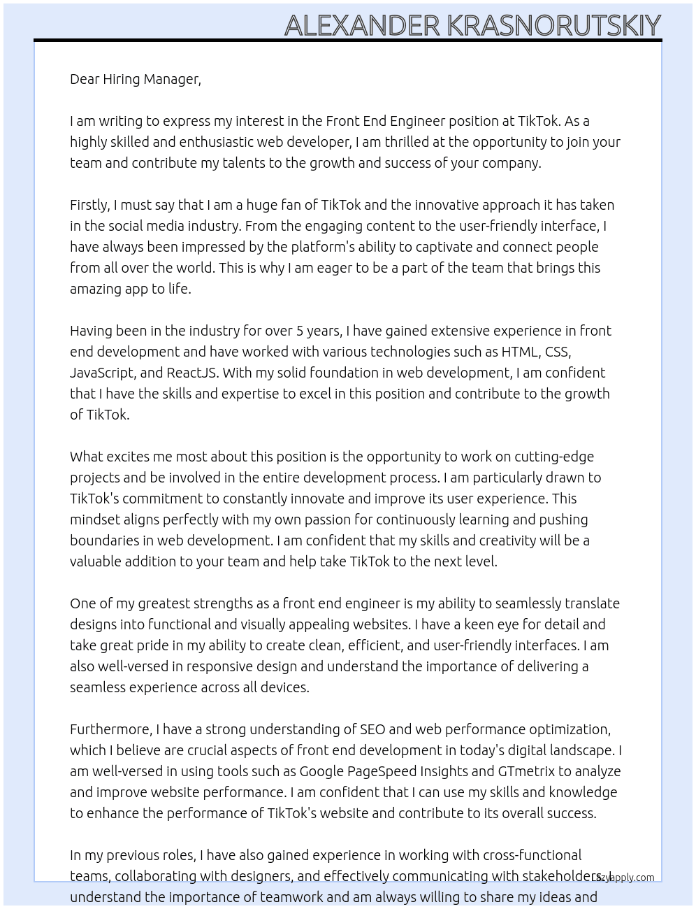 Front end engineer At TikTok Cover Letter
