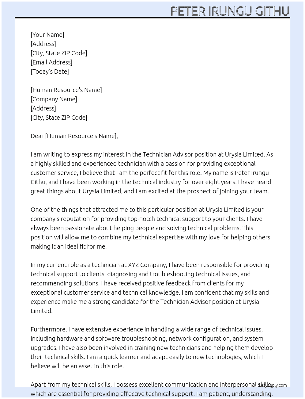 technician advisor At Urysia Limited Cover Letter