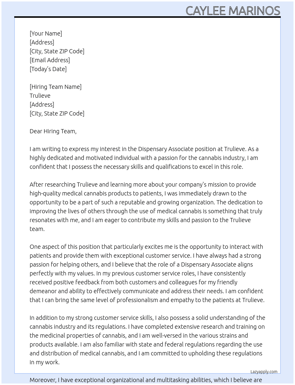 Dispensary Associate At Trulieve Cover Letter