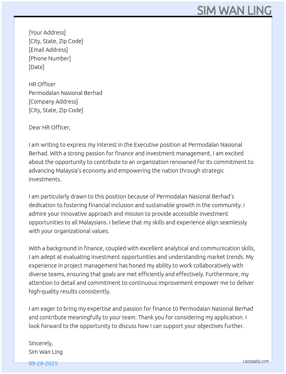 Executive At Permodalan Nasional Berhad Cover Letter