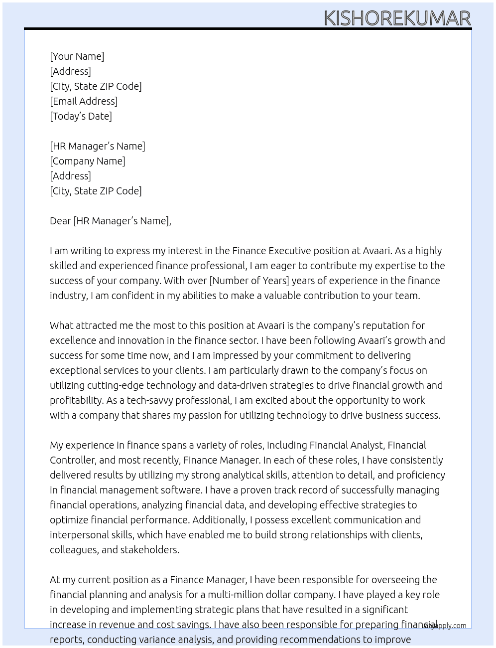 Finance executive  At Avaari Cover Letter