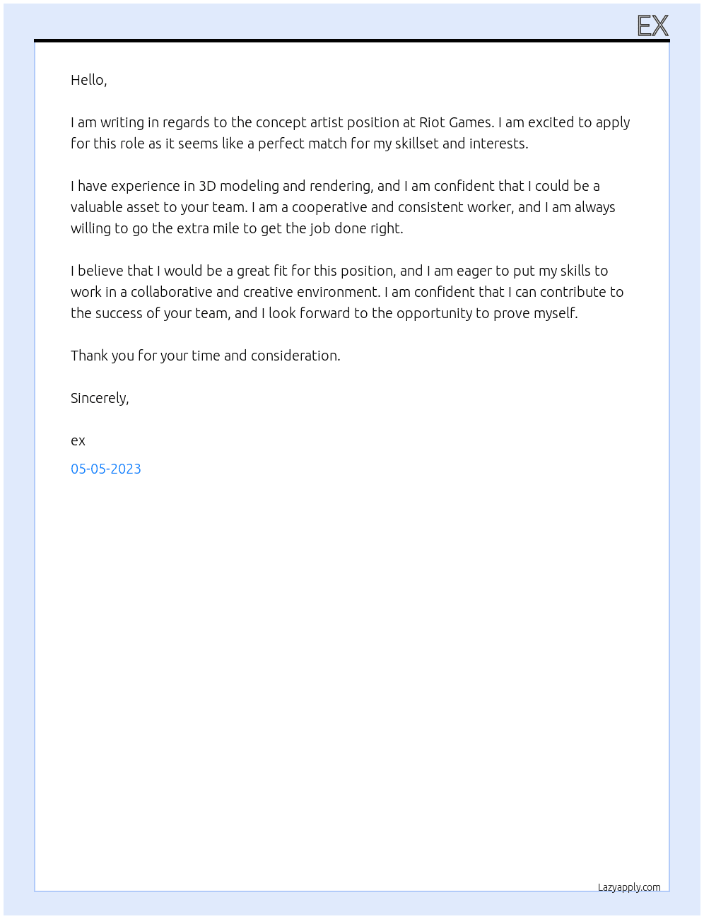 concept artist At riot games Cover Letter